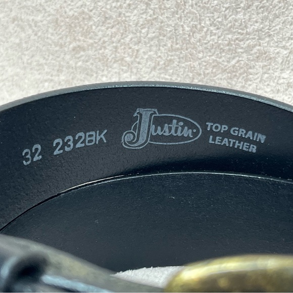 Justin Boots Black Leather Belt with Brass Buckle Men’s 32 Western Cowboy Casual - Picture 3 of 10